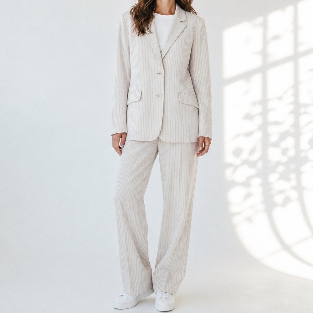 Minimalist Vintage Pant Suit Set 14 Cream Ivory Pinstripe 90s Workwear Soft